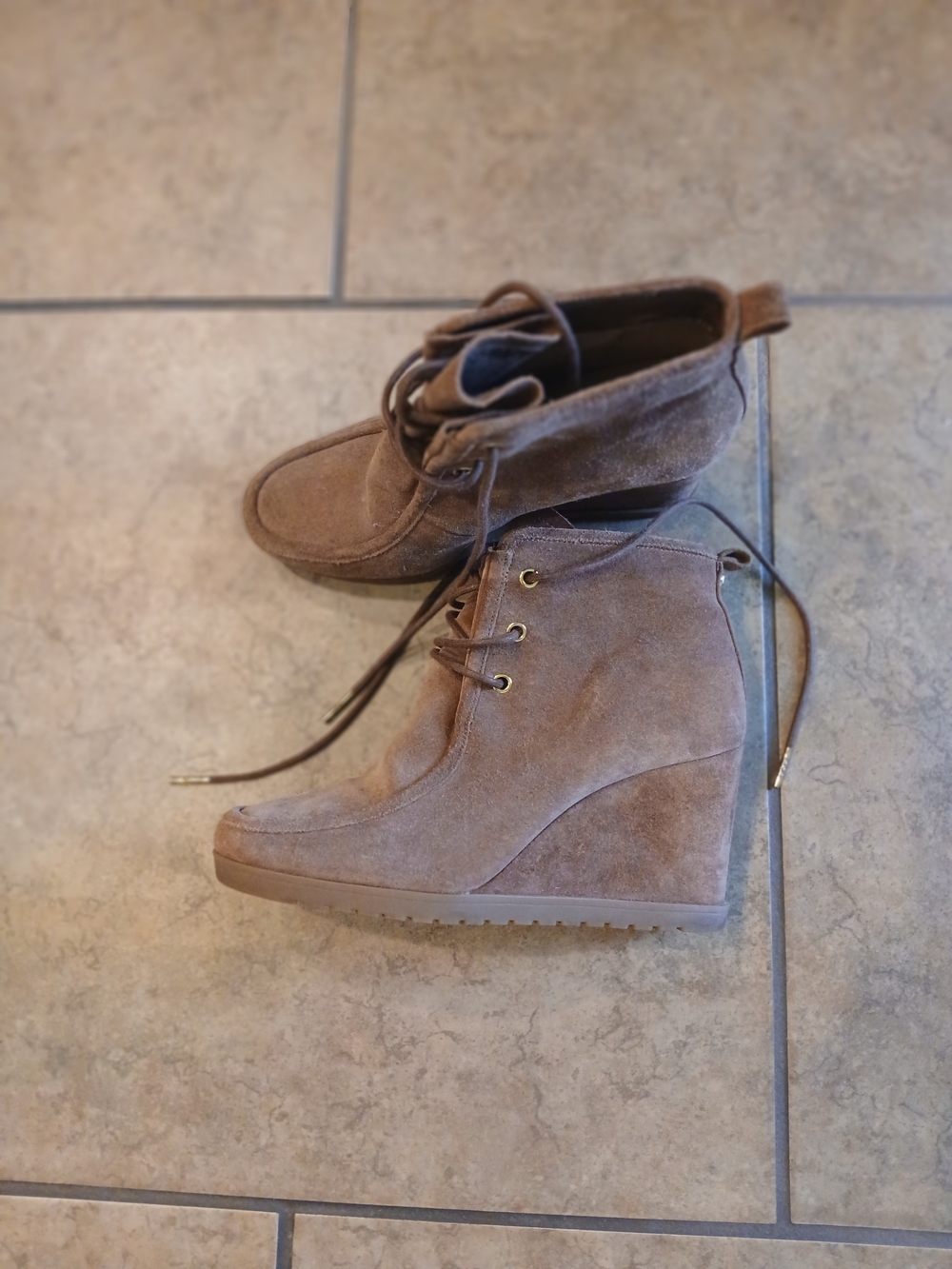 Michael Kors Taupe Suede Lace-Up Wedge Booties